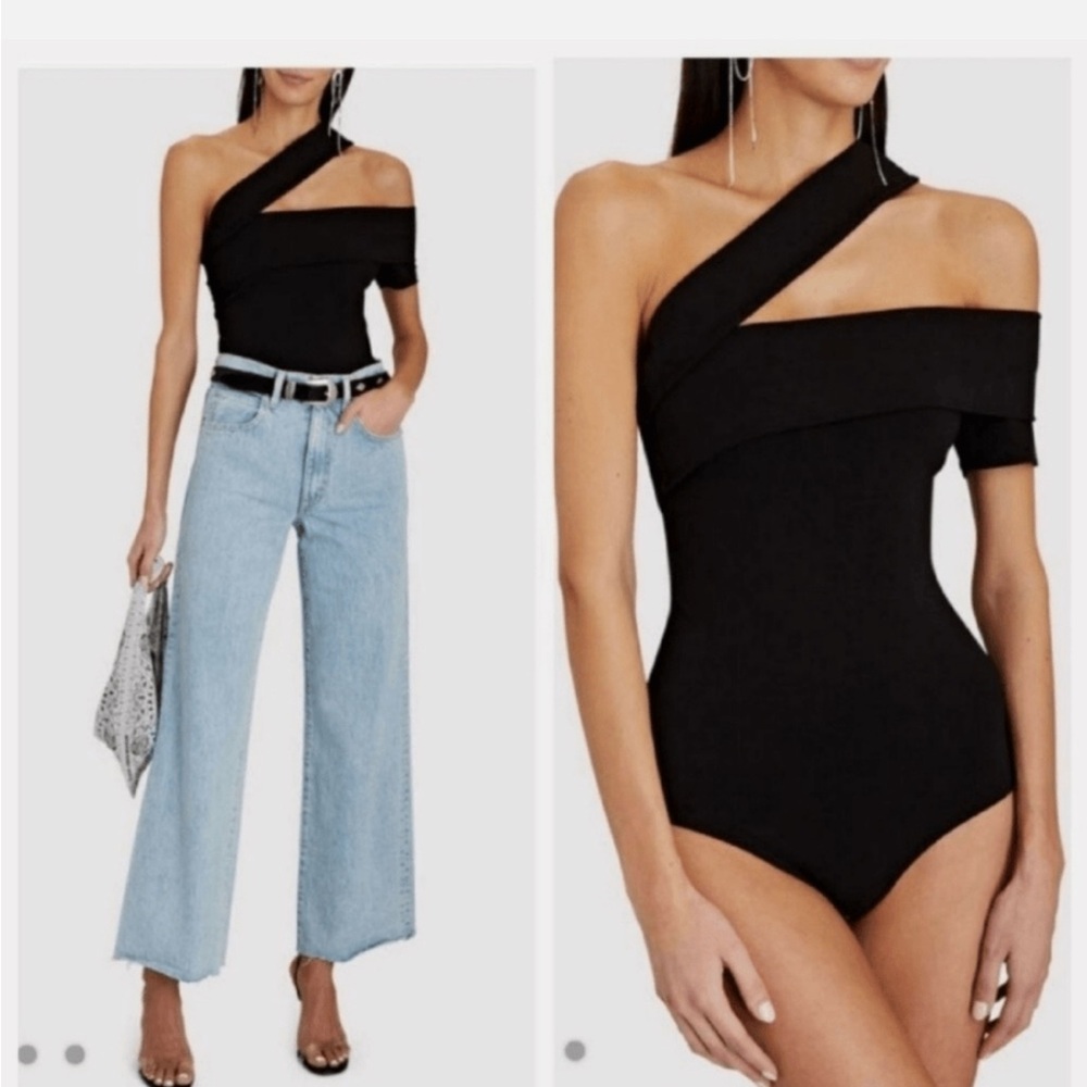 Agolde Women's Sliced Bodysuit One Shoulder Stretch Casual Black M Luxe cut out
